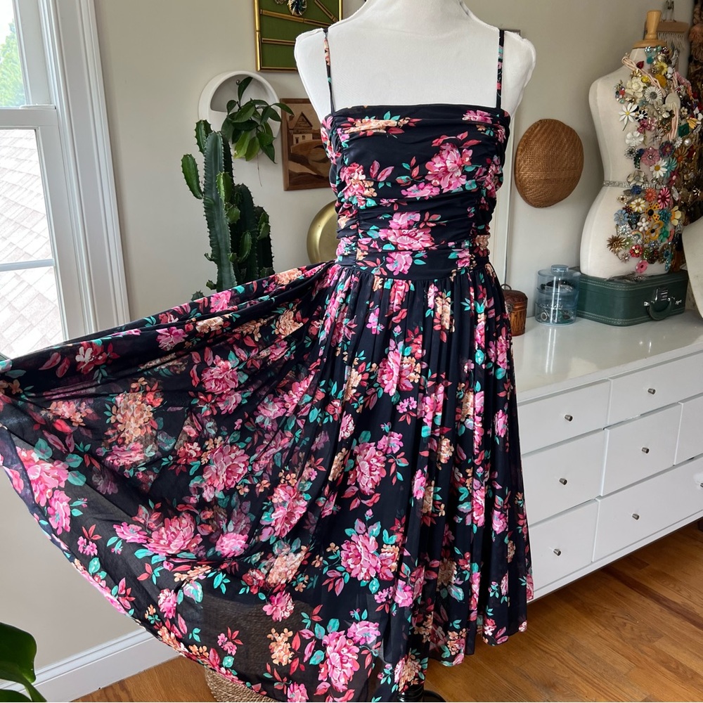Vintage Laura Ashley Black & Pink Floral Dress 100% Cotton Fit & Flare Size 12